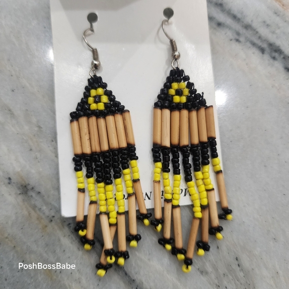 Handmade Nicaraguan Beaded Fringe Earrings Black Yellow Tribal 3" - Picture 1 of 4